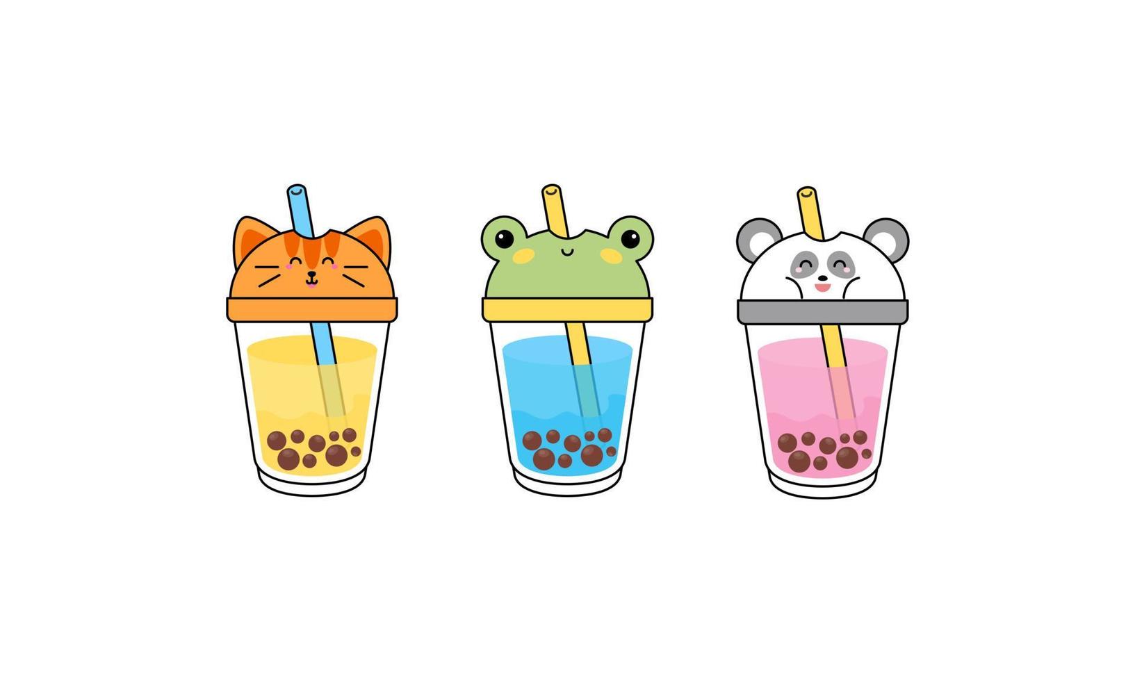 Kawai Cute Bubble Tea with Cup Animal Faces vector