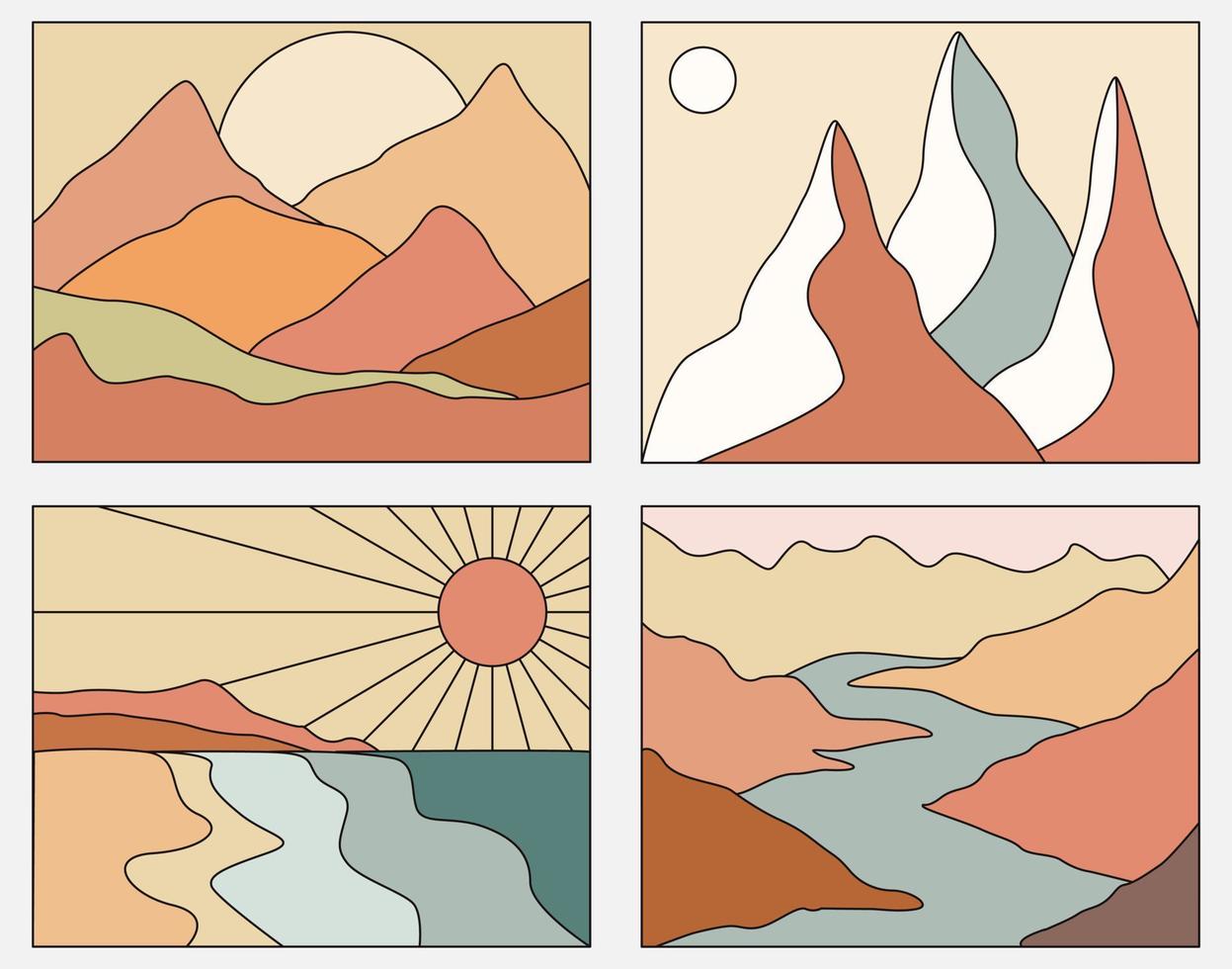 paisaje boho lineal. escena mínima en las montañas día y noche. cartel maravilloso. arte Moderno. paisajes abstractos. montañas estéticas, lago, estrellas. ilustración vectorial de stock vector