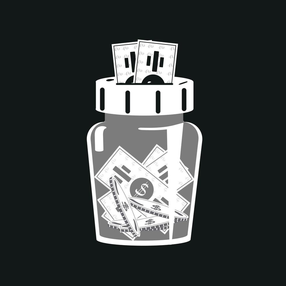 Money box with bills and coins inside on black background. Monochrome illustration in cartoon style. Icon, vector, black and white vector