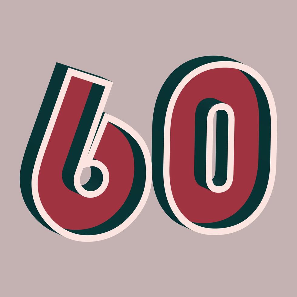 vector número 60 con efecto 3d en estilo retro. bien rojo y colores verde azulado profundo