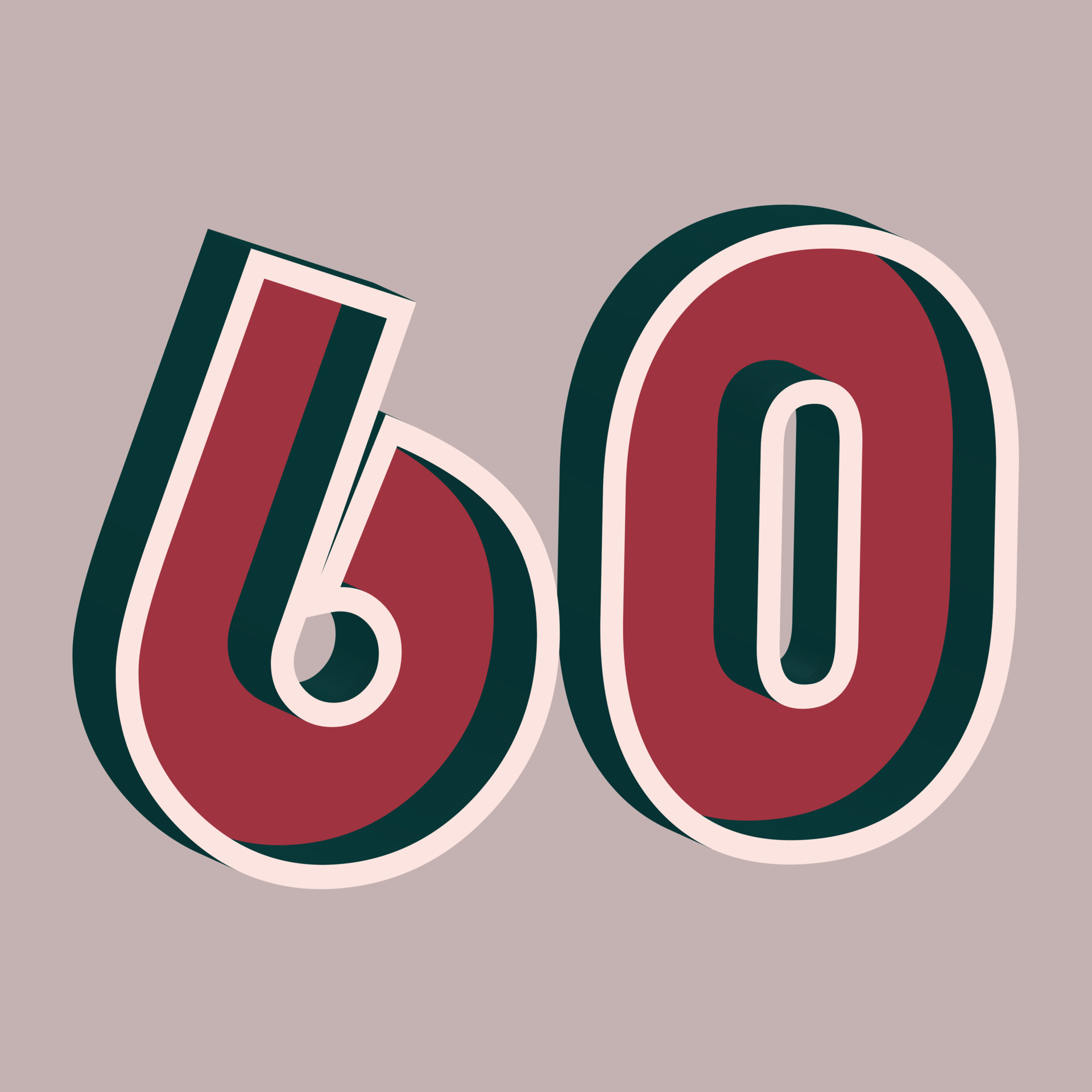 Vector number 60 with 3D effect in retro style Well red and Deep Teal