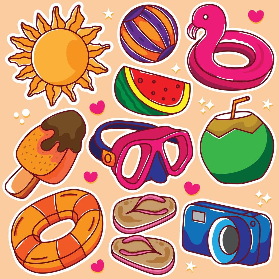 Set summer sticker cartoon design illustration vector