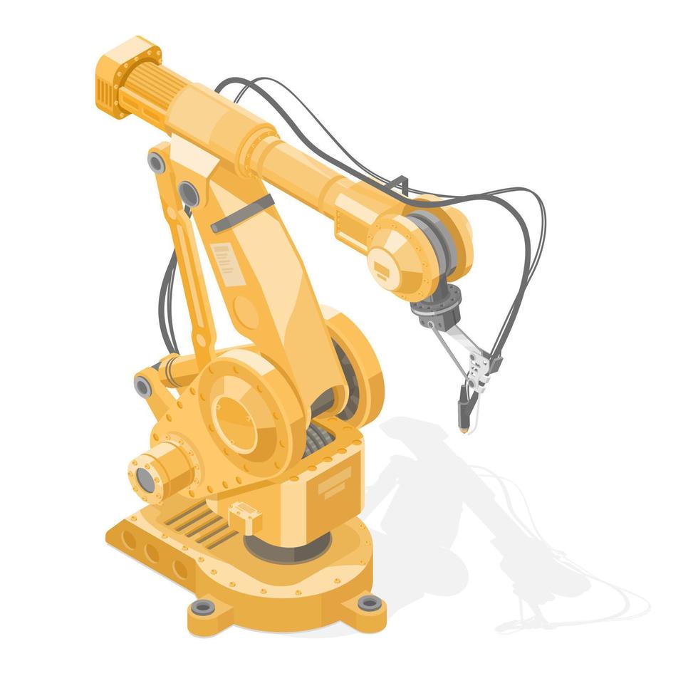 Robot arm isometric for heavy load welding automation system smart industrial yellow on white background isolated vector