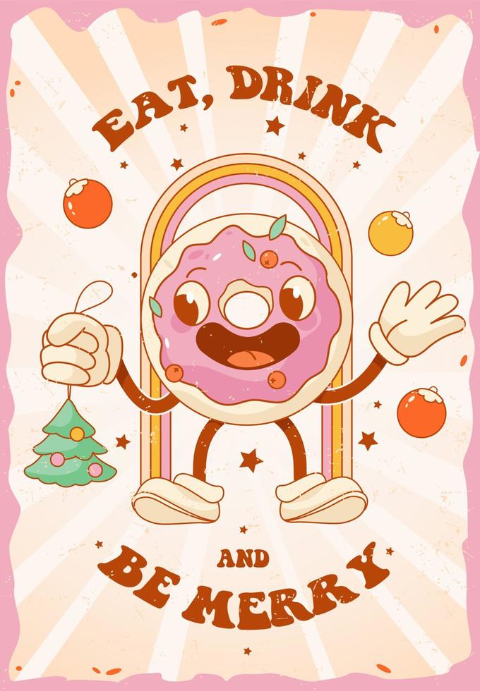 cartel de navidad y año nuevo en estilo retro groove. donut divertido sosteniendo un árbol de navidad. ilustración vectorial vector