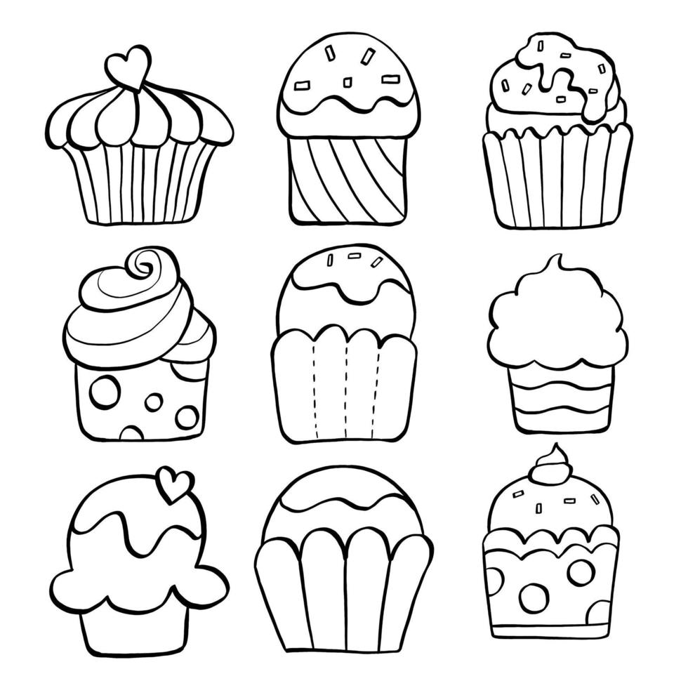Black line set of nine cupcakes on white background. Hand drawn cartoon style. Doodle for coloring, decoration or any design. Vector illustration of kid art.