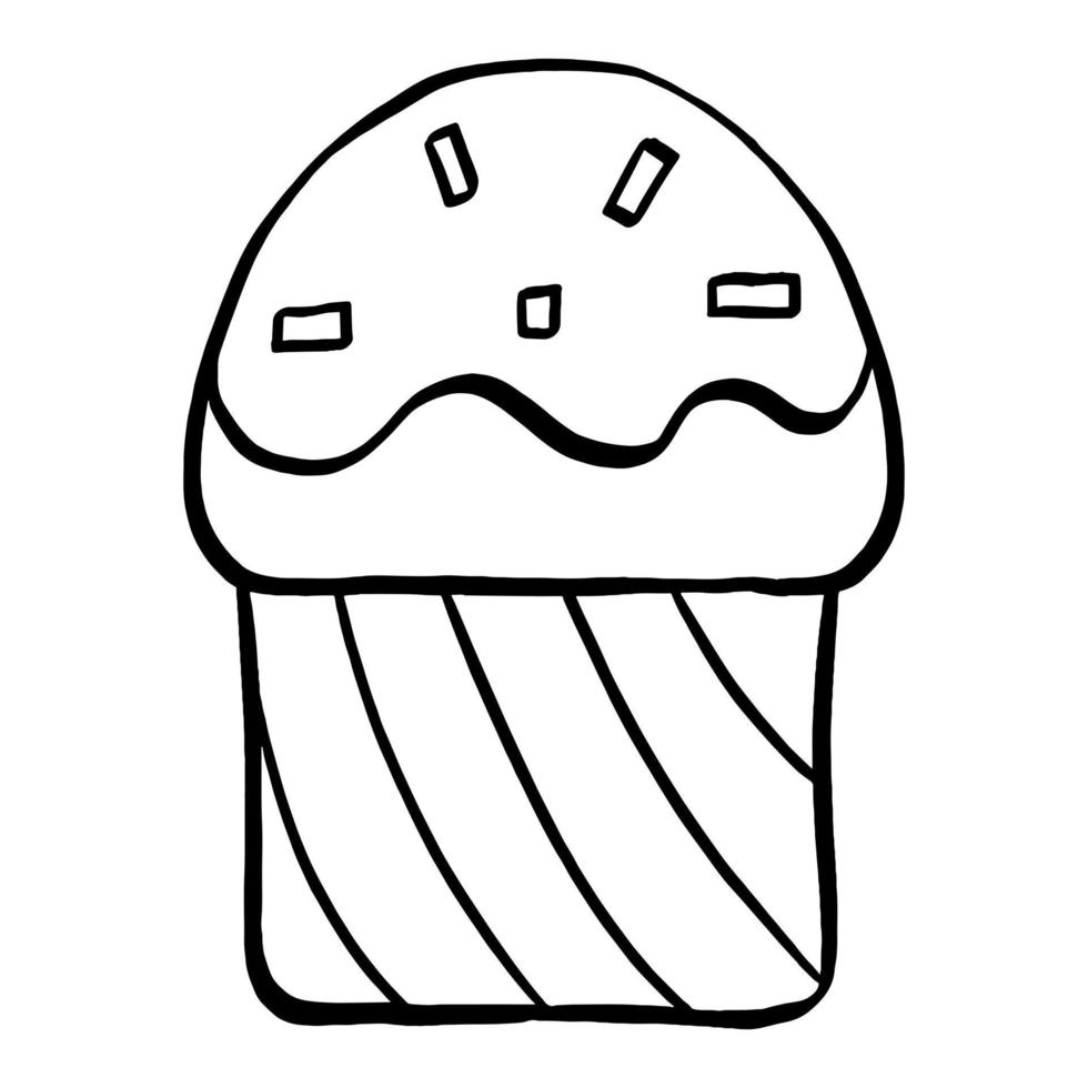 Black line cupcakes on white background. Hand drawn cartoon style. Doodle for coloring, decoration or any design. Vector illustration of kid art.