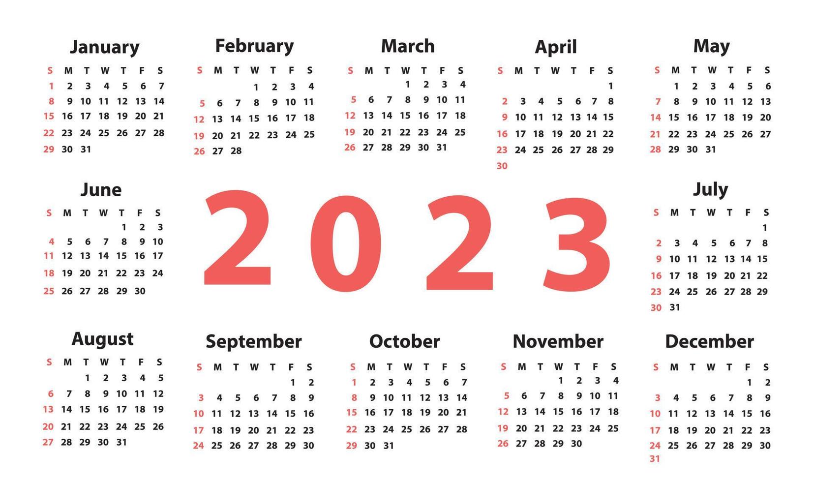 Calendar 2023 starting from Sunday. Vector