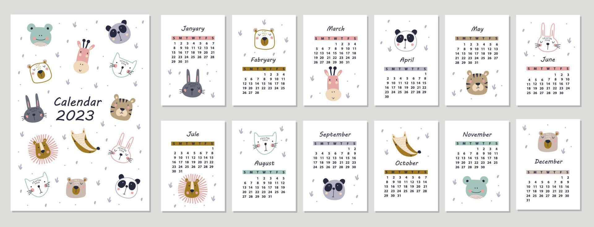 Calendar 2023 with animals. Vector illustrations