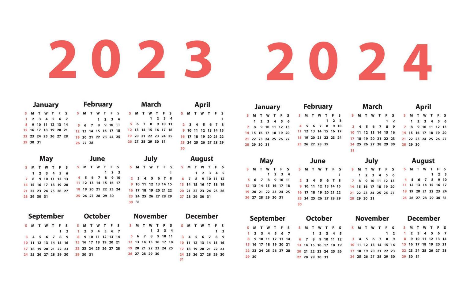 Calendar set 2023 2024 starting from Sunday. vector