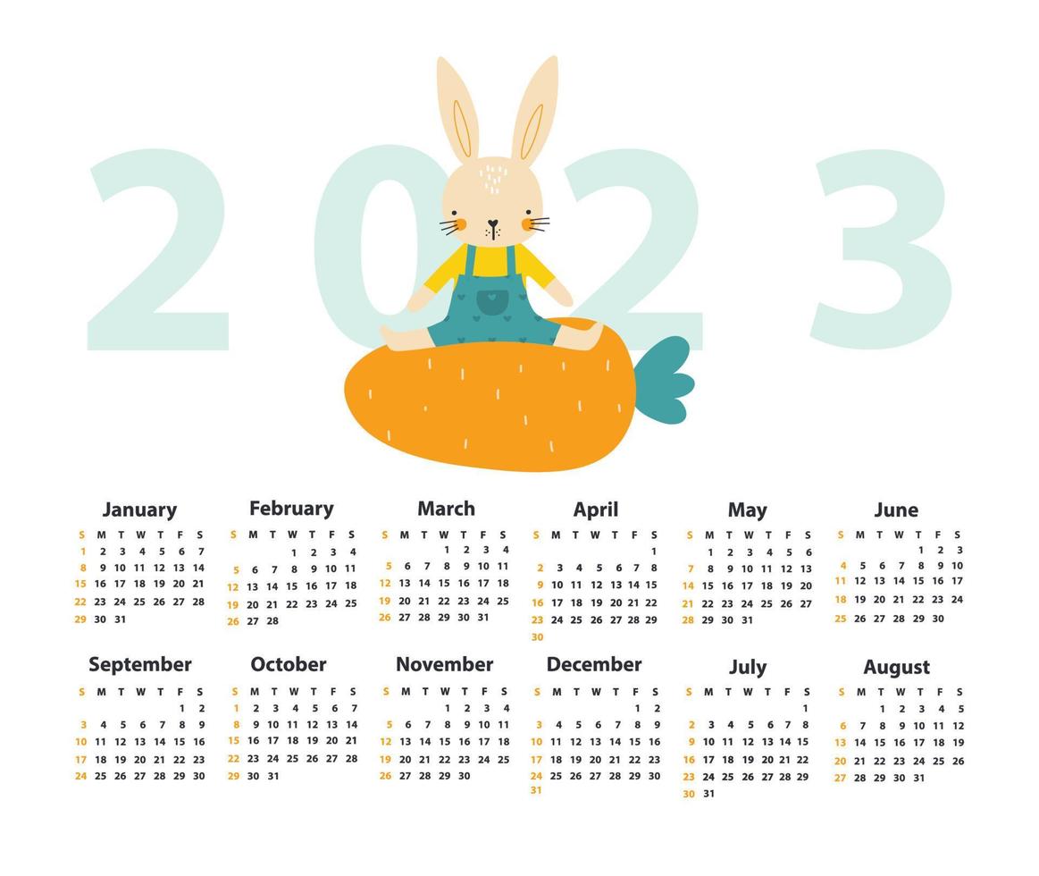 Calendar 2023 with rabbit starting from Sunday. Vector