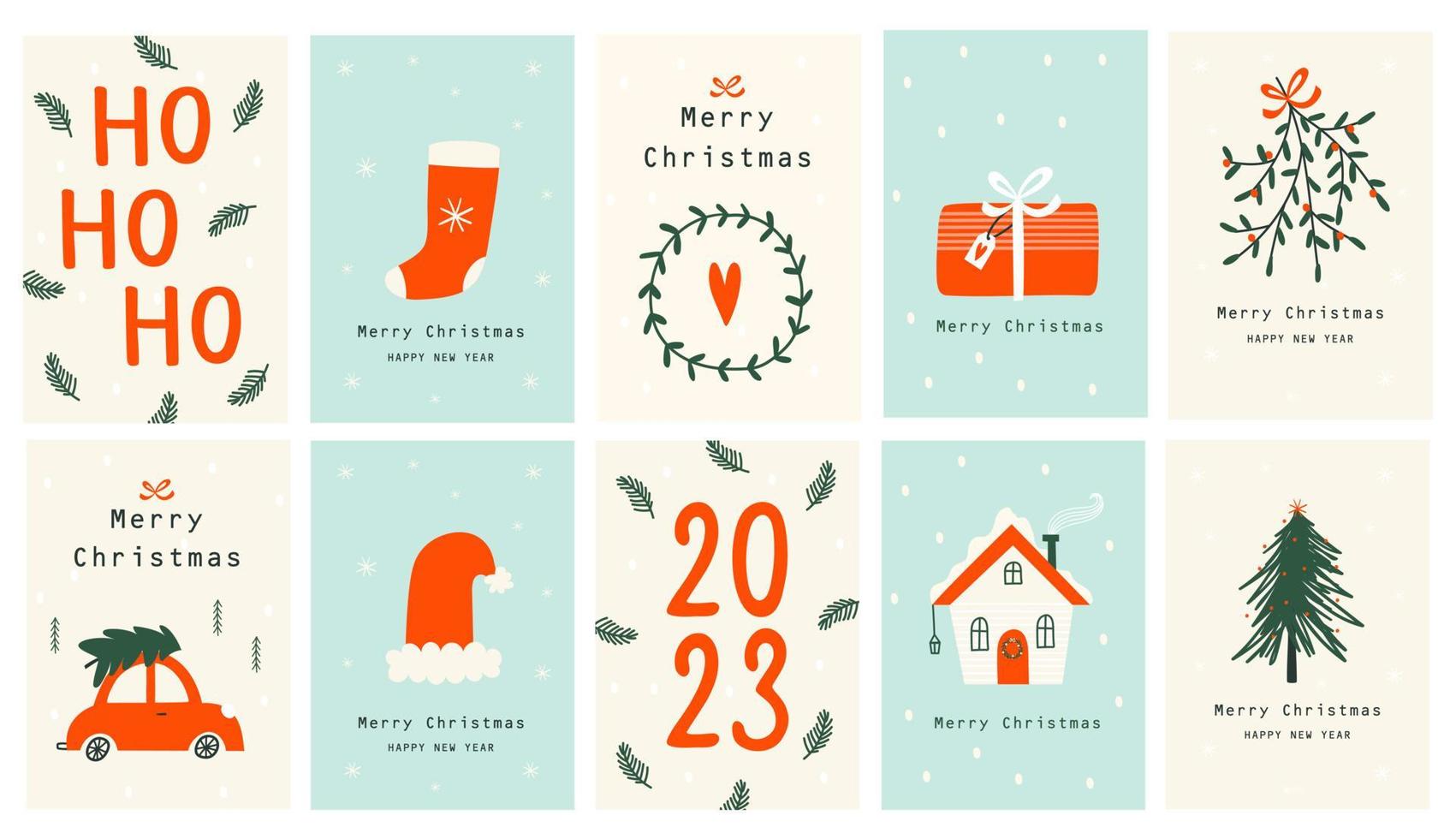 Set Christmas cards with Christmas tree, wreath, christmas elements. Vecto vector