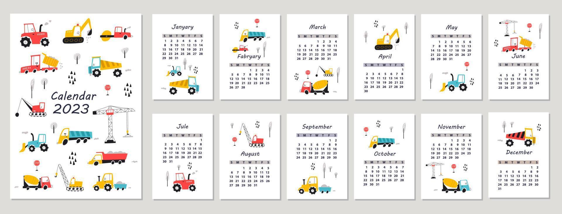 Calendar 2023 with hand drawn cars. Vector