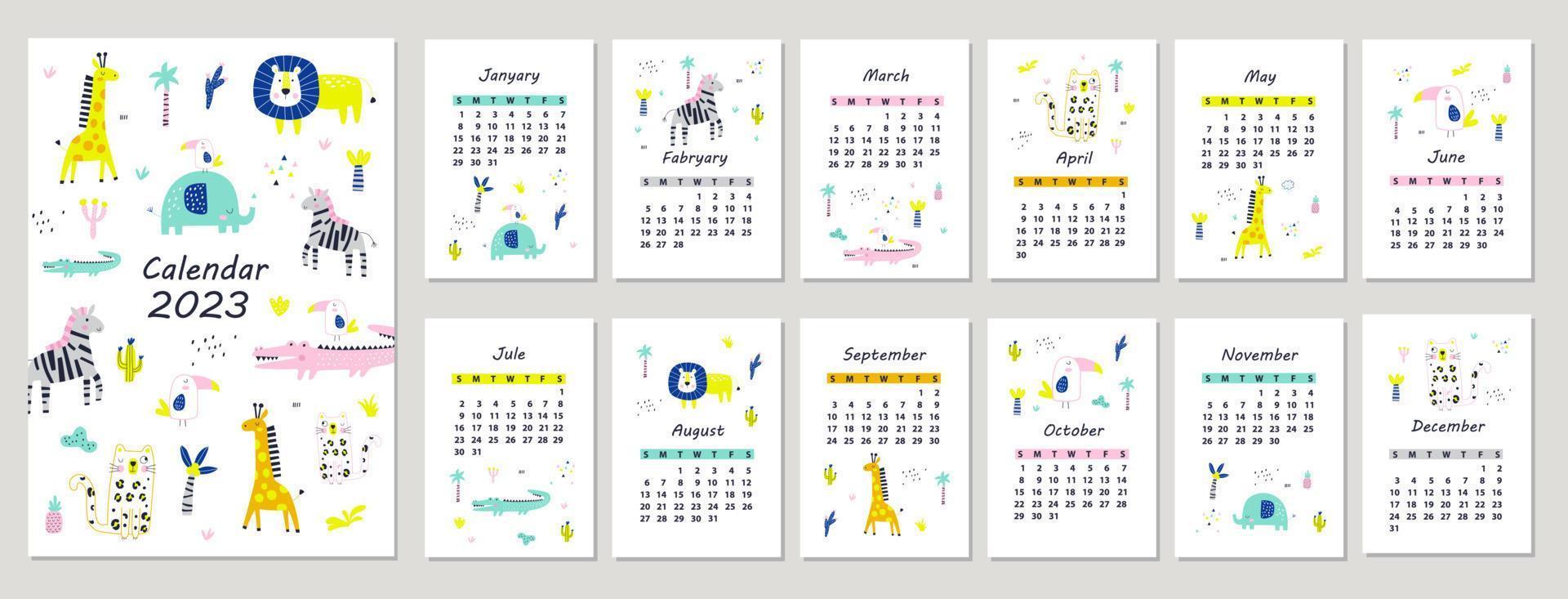 Calendar 2023 with hand drawn animals. Vector illustrations