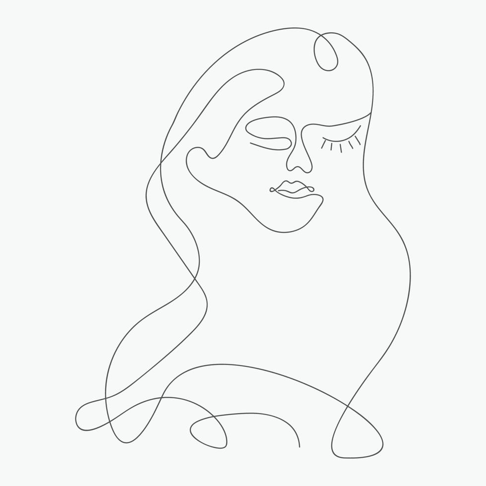 Sad woman hand-drawn one-line art drawing, outline illustration vector