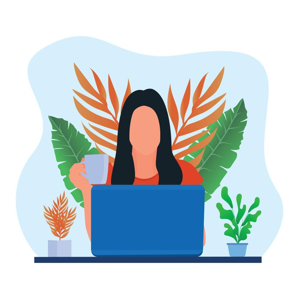 hermosa mujer que trabaja con una computadora portátil en casa y se relaja bebiendo café caliente vector de ilustración plana