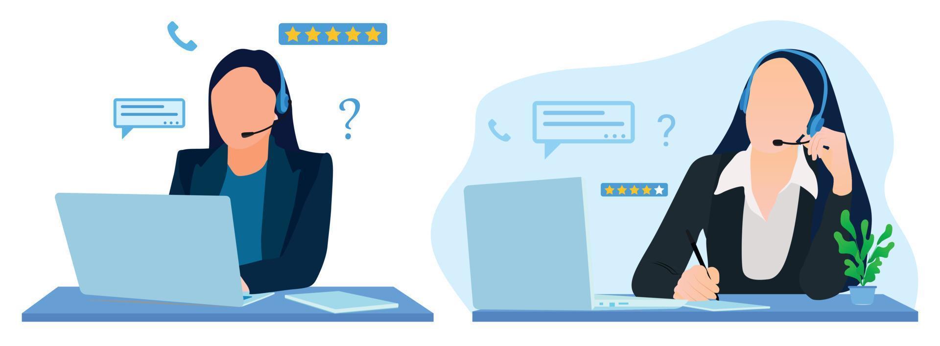 Customer service and call center woman providing valuable information to customer to solve their problems flat vector illustration