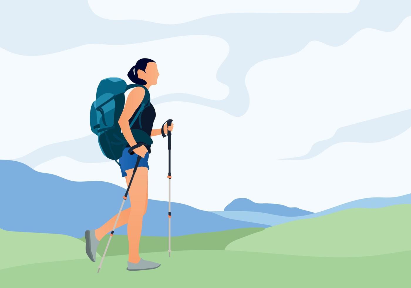 Adventure woman tourist enjoying hiking in the moutains with nodric poles and backpack flat illustration vector