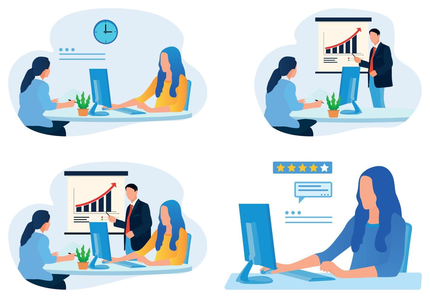 Set of people working together on project. Woman sitting work with computer. teamwork for company success flat illustration vector
