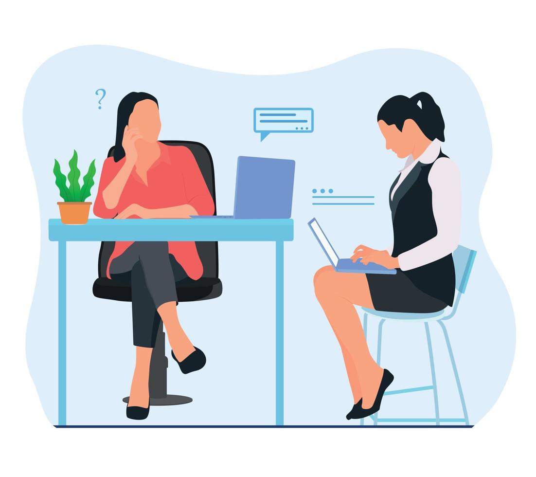 Young woman and girl sitting on the chair working with laptop in the table. Woman is thinking about developing business idea, vector flat style illustration.