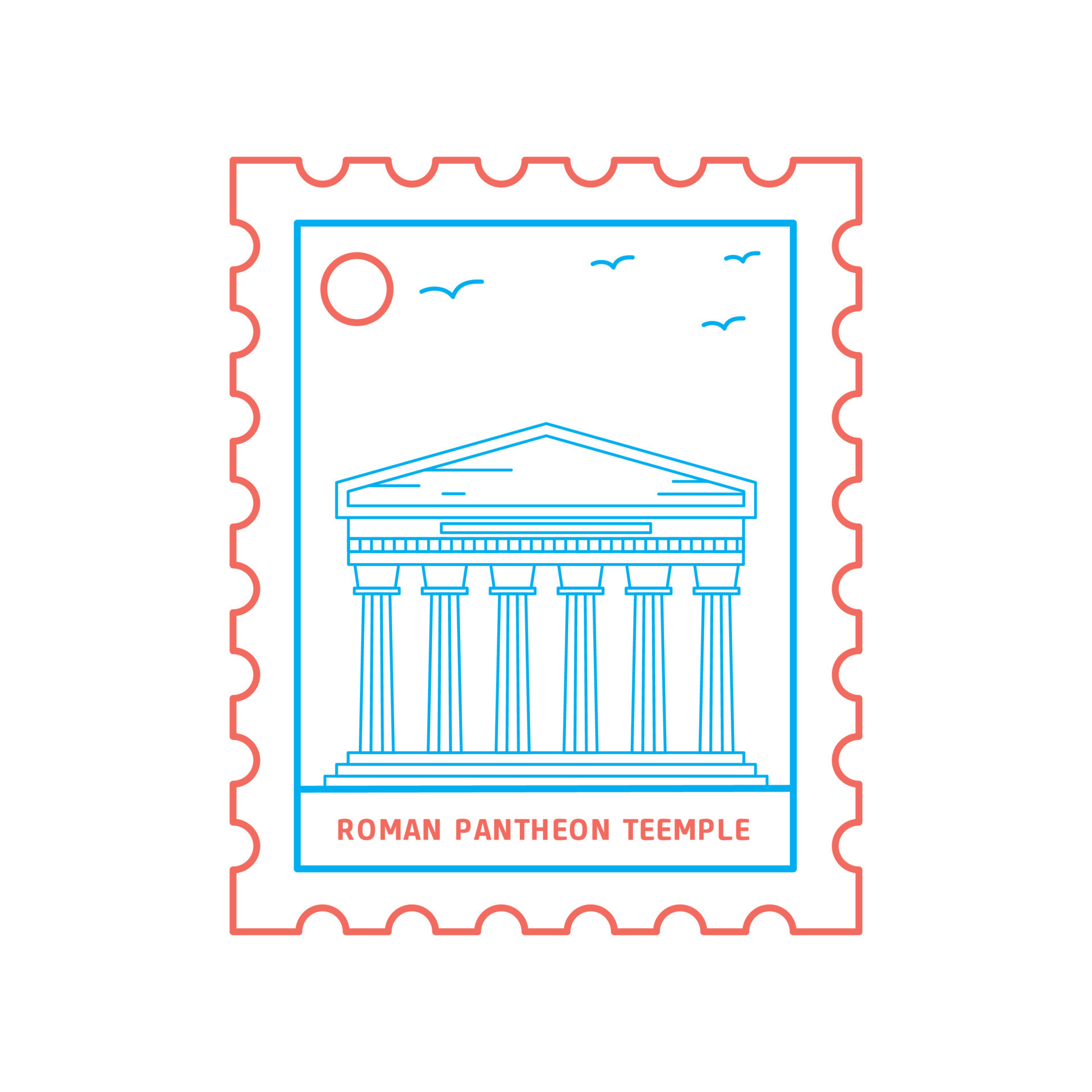 ROMAN PANTHEON TEEMPLE postage stamp Blue and red Line Style vector ...