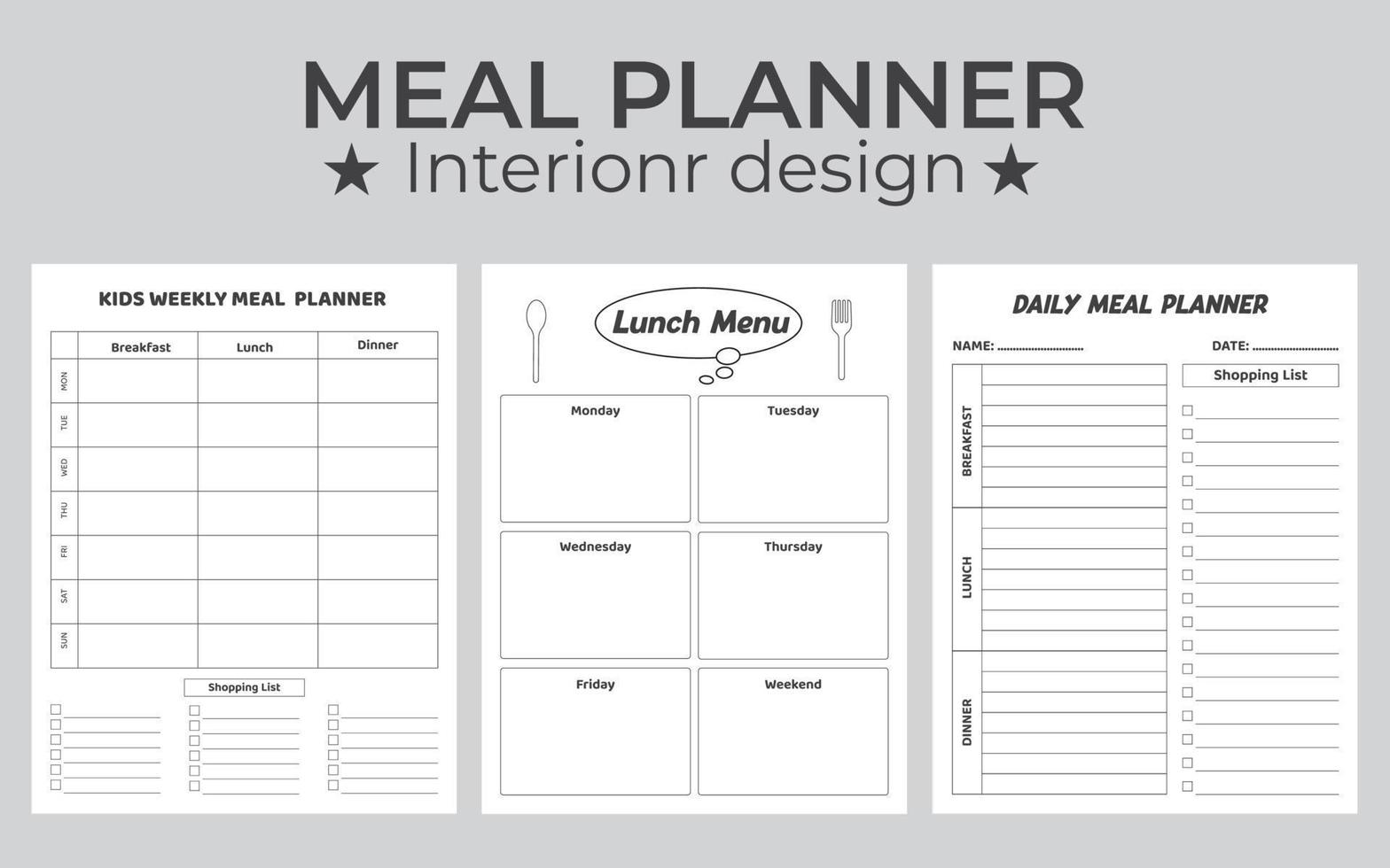 Minimalist Meal Planner Printable Template. Planner For Weekly And Daily Meals For Breakfast, Lunch, Dinner And Snacks. vector