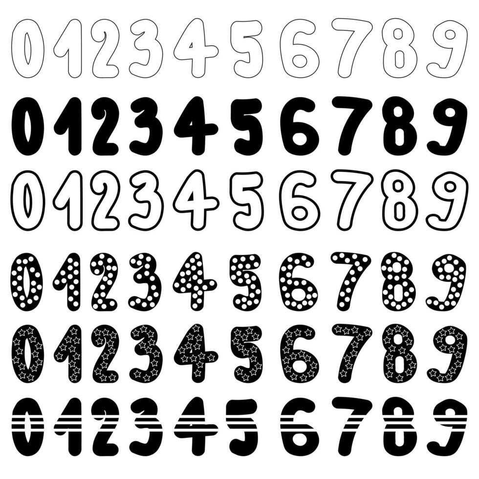conjunto de lindos números con diferentes trazos y rellenos, seis opciones para signos numéricos con rayas, estrellas o círculos vector