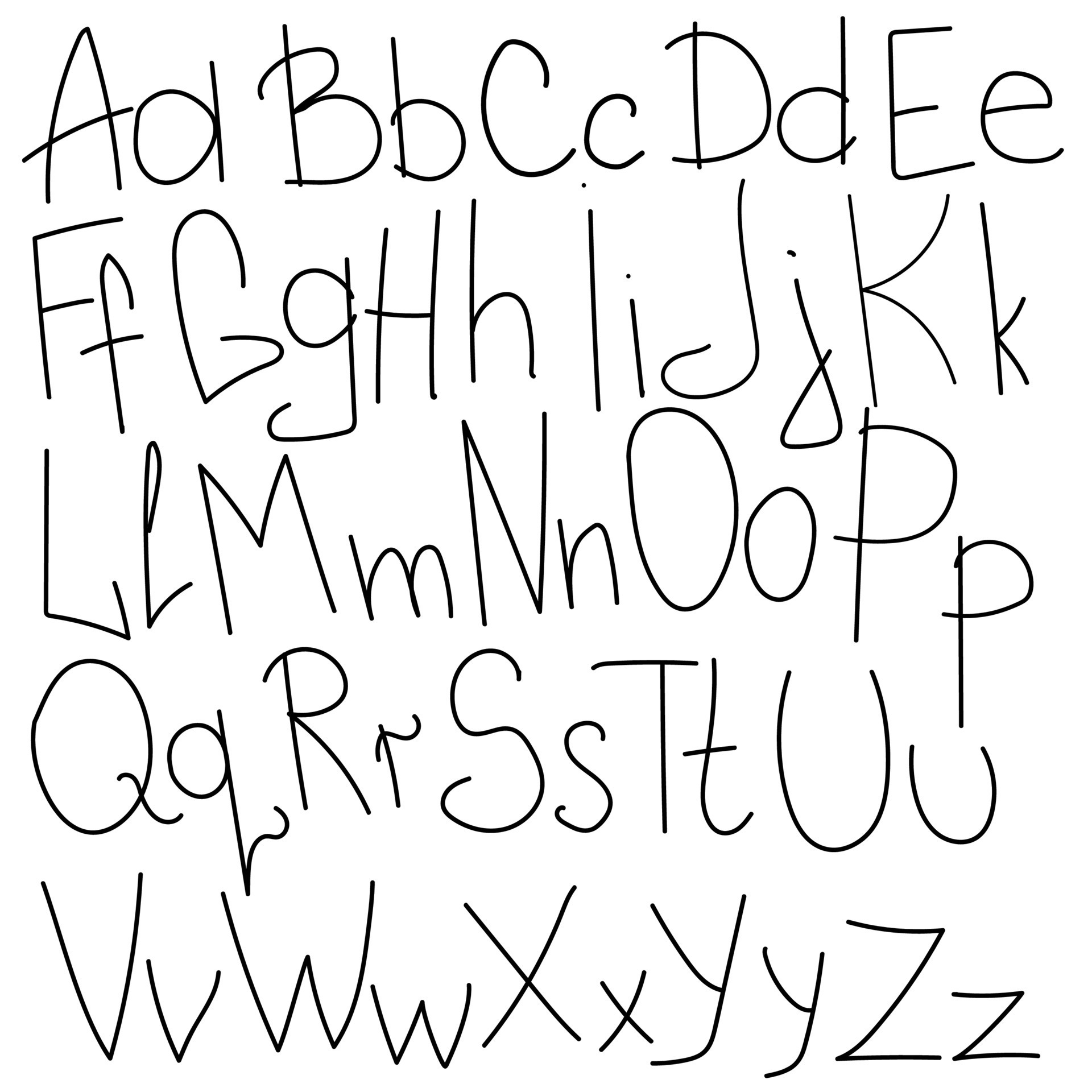English alphabet, thin letters written by hand, jagged lines in writing