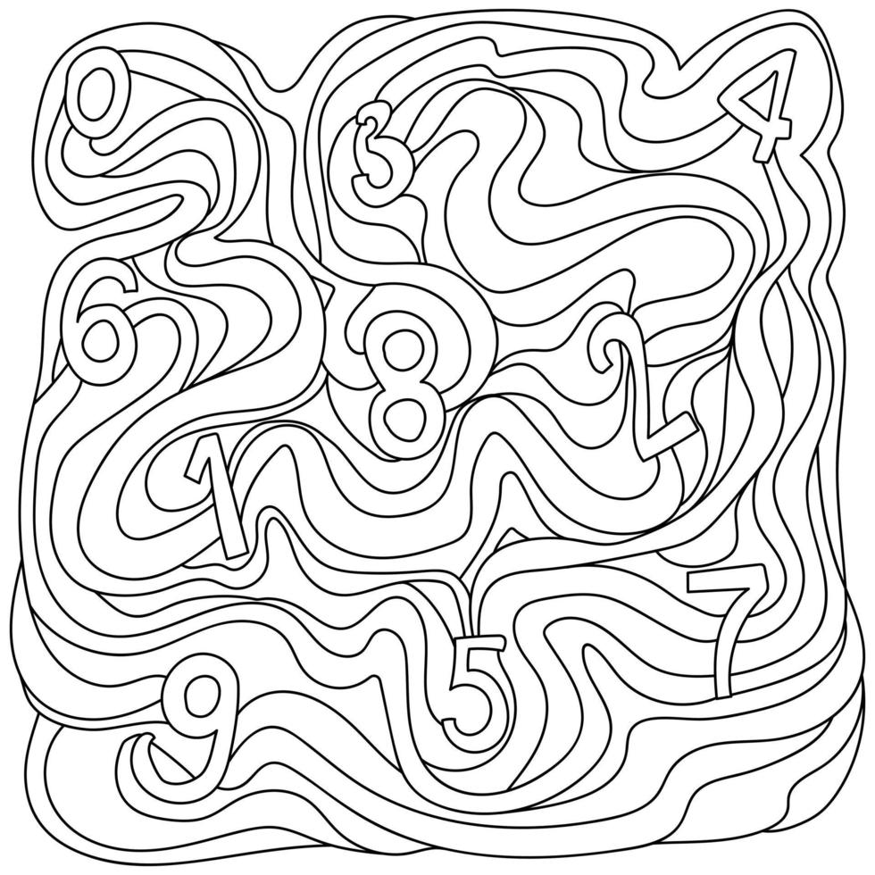 Learning numbers coloring page, confusion with waves and numbers from zero to nine, outline illustration for kids activity vector