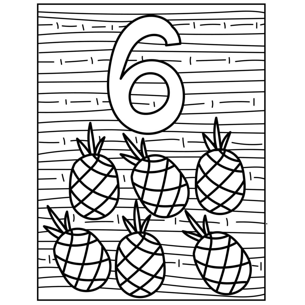 number six learning page coloring, fruit and volumetric figure with a striped background for kids activity vector