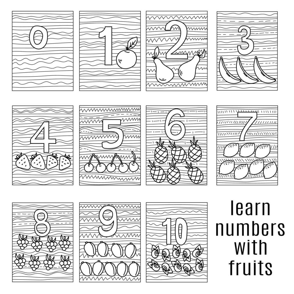 learn numbers using fruits, a set of coloring pages from zero to ten with various fruits and striped patterns vector