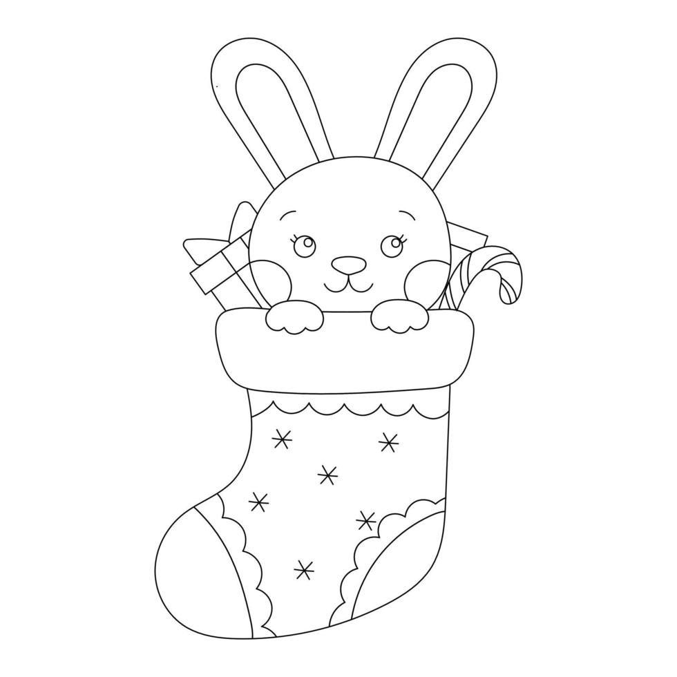 hare in a christmas sock coloring book vector