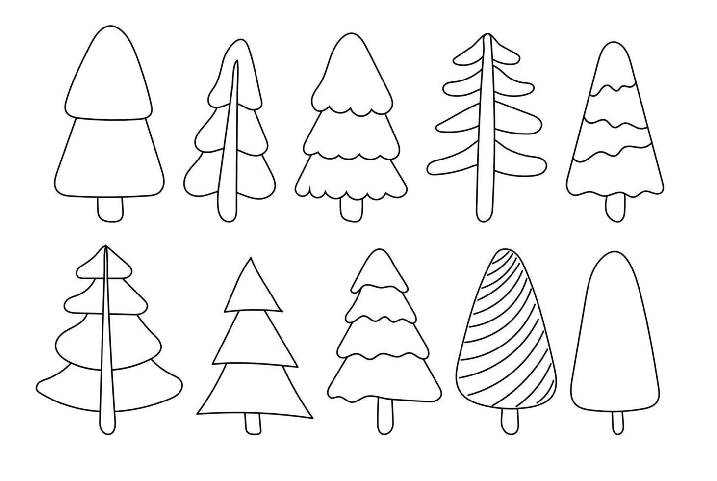 Doodle Christmas Trees. Outline fir tree hand drawn set. Simple style trees. vector