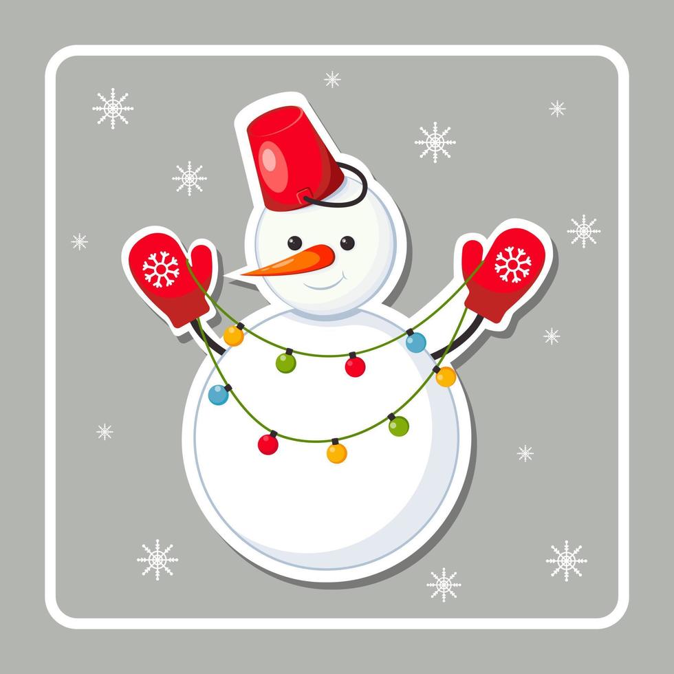 Christmas card with with funny snowman. Snowman holds garland with light bulbs in his hands. Winter sticker. Greeting card, frame for Christmas, New Year. Design for postcard. Vector illustration