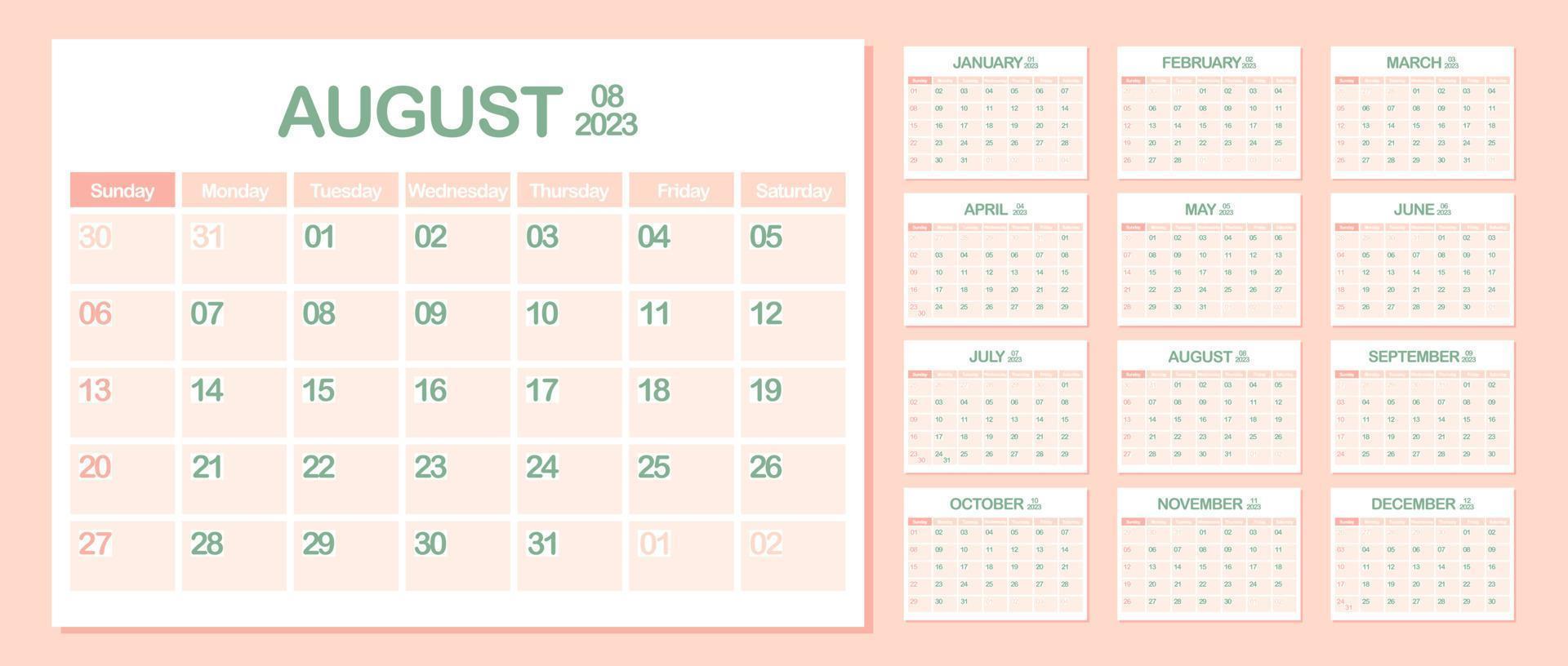 Wall Calendar 2023. August. Week Starts on Sunday. Monthly calendar