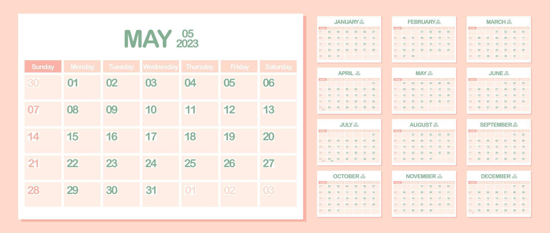 calendario de pared 2023. mayo. semana comienza el domingo. plantilla de calendario mensual. planificador corporativo de diseño. orientación horizontal. planificación de negocios de oficina. color pastel. ilustración vectorial vector
