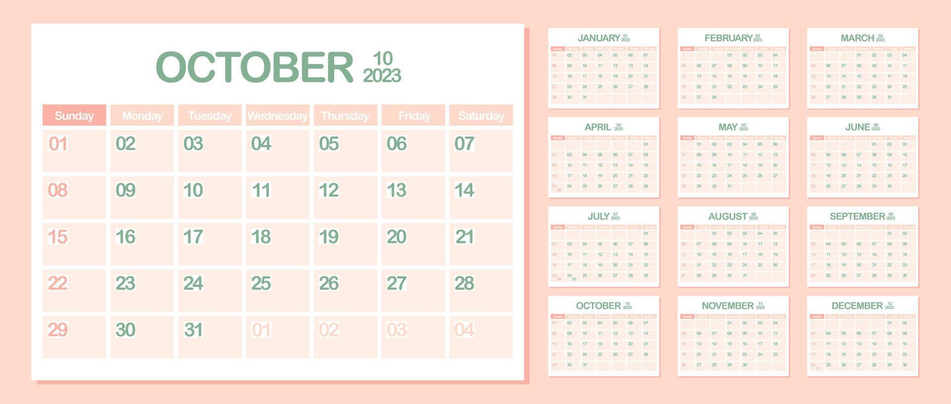 Wall Calendar 2023. October. Week Starts on Sunday. Monthly calendar template. Design Corporate planner. Landscape orientation. Office business planning. Pastel color. Vector illustration