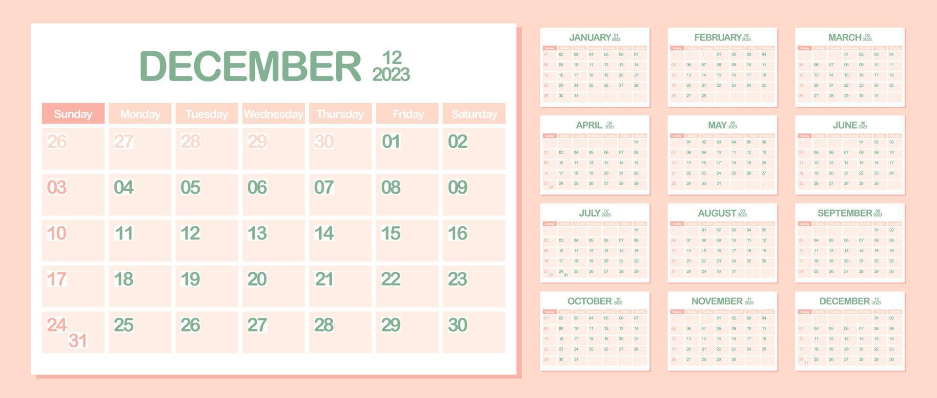 calendario de pared 2023. diciembre. semana comienza el domingo. plantilla de calendario mensual. planificador corporativo de diseño. orientación horizontal. planificación de negocios de oficina. color pastel. ilustración vectorial vector