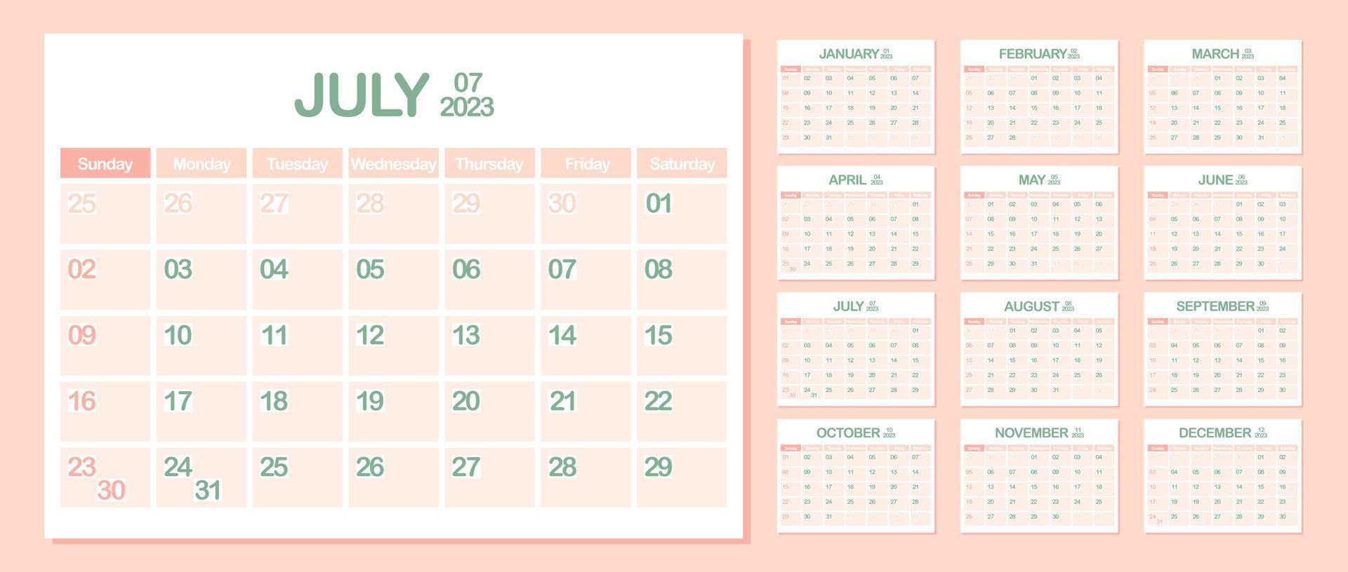 calendario de pared 2023. julio. semana comienza el domingo. plantilla de calendario mensual. planificador corporativo de diseño. orientación horizontal. planificación de negocios de oficina. color pastel. ilustración vectorial vector