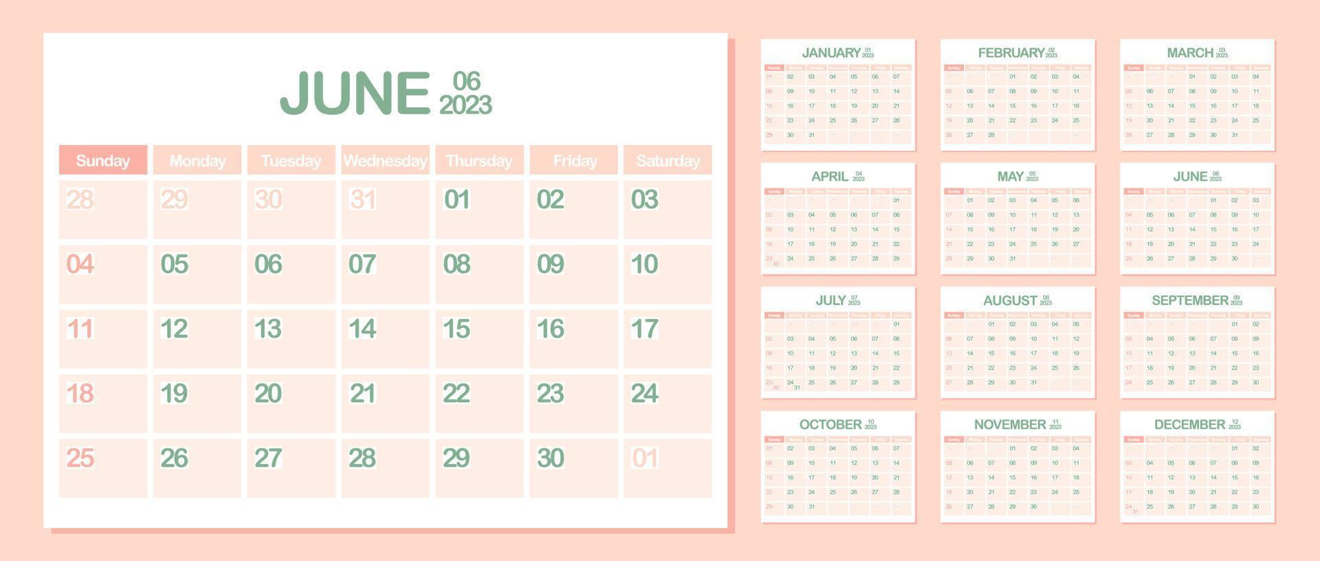 Wall Calendar 2023. June. Week Starts on Sunday. Monthly calendar template. Design Corporate planner. Landscape orientation. Office business planning. Pastel color. Vector illustration