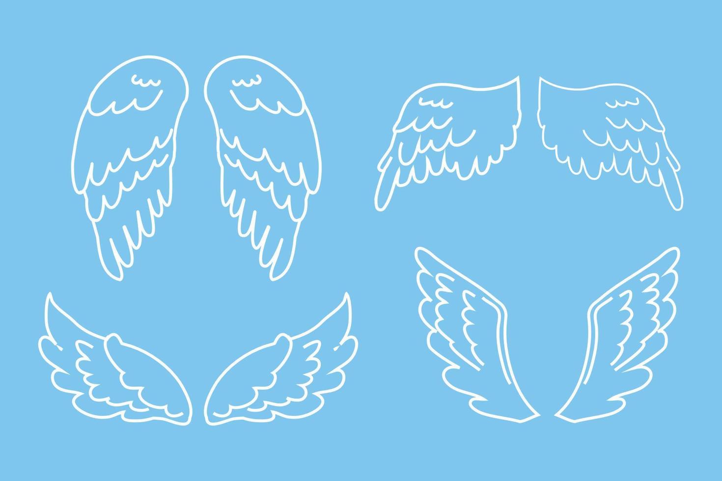 Set Angel wings outline white color in cartoon style isolated on blue background, design element for decoration. Vector illustration
