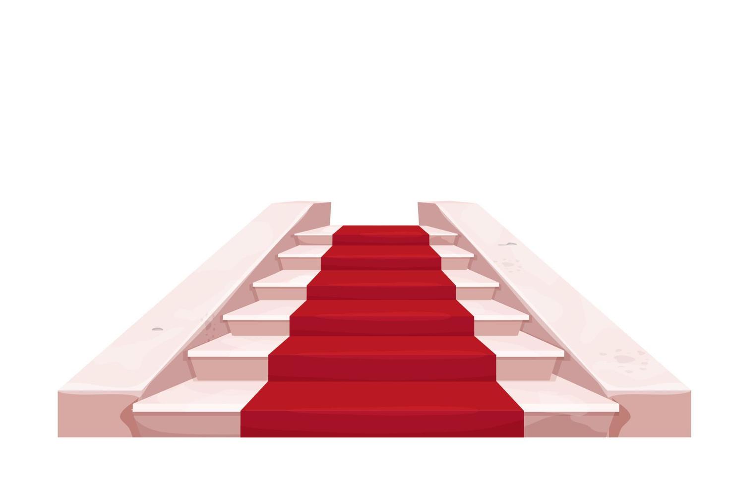 escaleras elegantes de mármol castillo interior de hadas con alfombra roja, objeto medieval en estilo de dibujos animados aislado sobre fondo blanco. activo del juego ui, construcción interior, escenario. ilustración vectorial vector