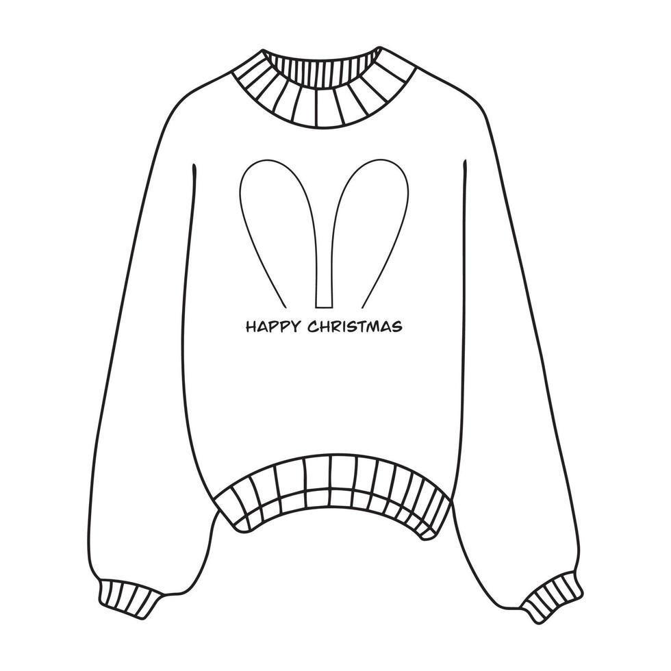 Linear winter sweater badge. Winter sweater with rabbit ears. A winter sweater icon with a thin line highlighted on a white background. Vector illustration.