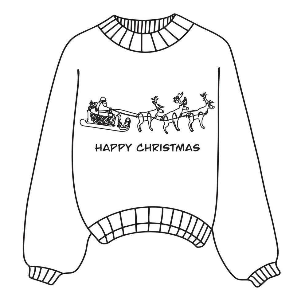 Linear winter sweater badge. Winter sweater with a pattern. Vector sleigh with reindeer, Santa Claus sleigh.Drawing in one line. Christmas element with cute reindeer. Winter sweater icon with a thin line highlighted on a white background.