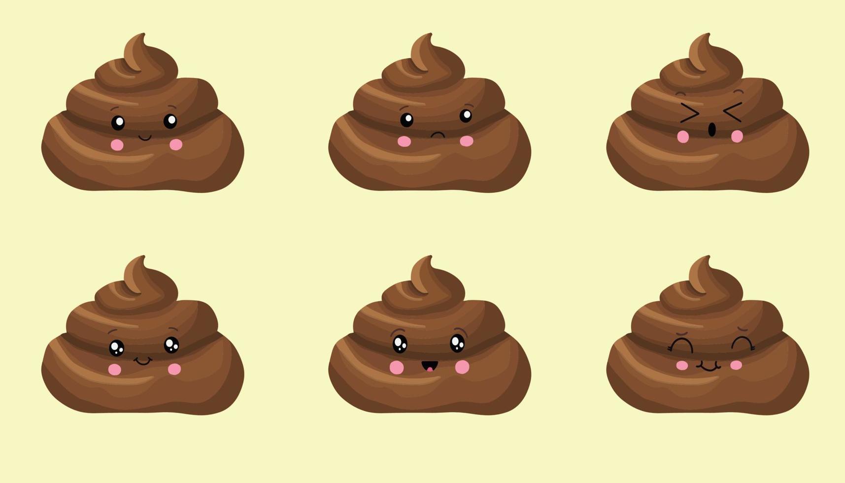 Poop cute funny excrement character cartoon emoticon set isolated on white background. Kawaii brown heap of shit emoji collection. Flat design vector clip art baby poo with faces illustration.