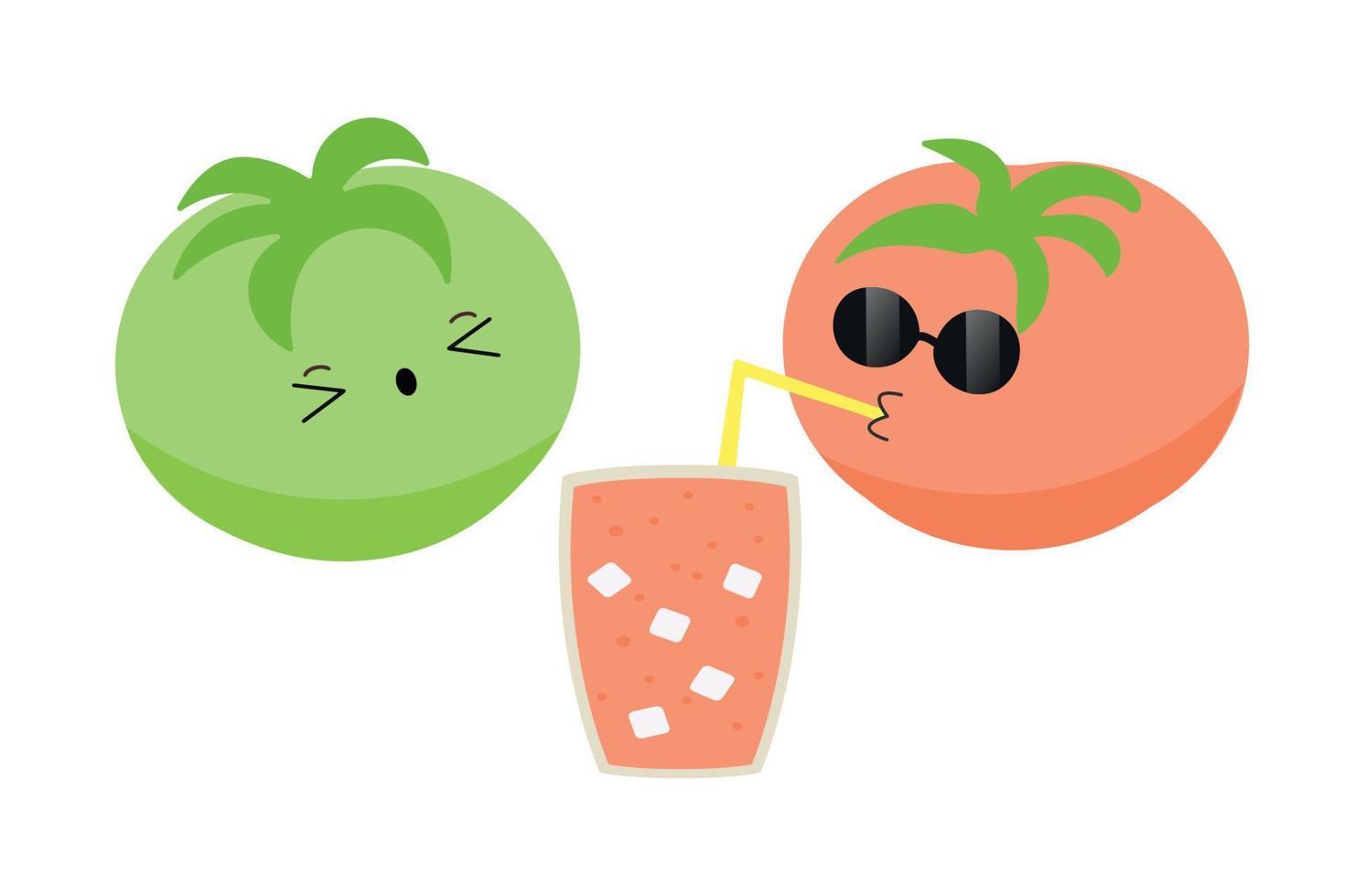 Funny tomatoes, green and red tomatoes, gardening. Vector illustration on a white background