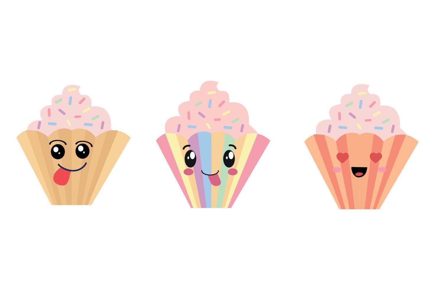 Set of delicious cupcakes in kawaii style. Dessert vector illustration design