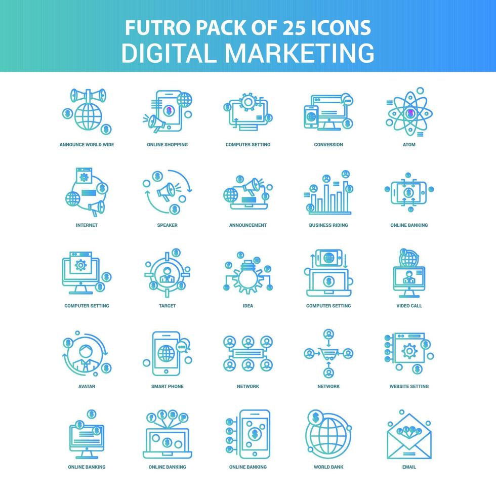 25 paquete de iconos de marketing digital futuro verde y azul vector