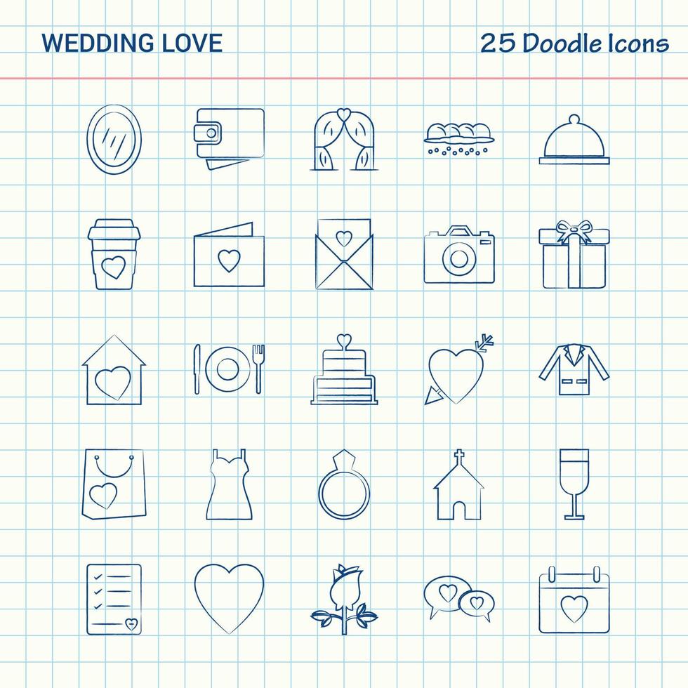 boda amor 25 iconos de doodle conjunto de iconos de negocios dibujados a mano vector