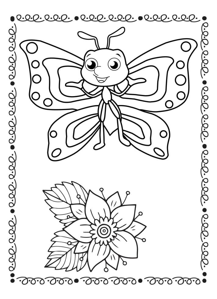 Flower And Butterfly Coloring Page For Kids vector