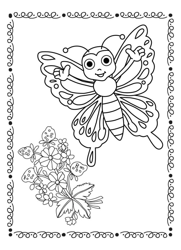 Flower And Butterfly Coloring Page For Kids vector